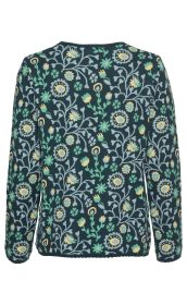 Baumwoll-Pullover dunkelgrün mit langem Arm, komplett mit gelb-grün-blauen floralen Mustern bedruckt, Rundhalsausschnitt, Rückansicht