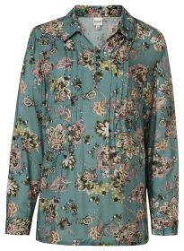 Modal-Bluse aus weichem Modal mit floralem Muster in Grün, Beige, Rosa und Braun, langärmlig, mit Hemdkragen, Knopfleiste vorne und schmalen Falten am Vorderteil.