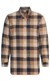Baumwoll-Bluse mit braun-beigem Karomuster, Langarm, Knopfleiste vorne, Hemdkragen und Brusttasche, lockere Passform, weicher Stoff