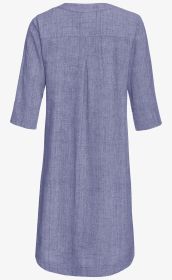 Baumwoll-Kleid, Rückansicht, mittellanger Ärmel, blaugrauer Farbton, feine strukturierte Leinwandoptik, mittige Rückenfalte, rundes Ausschnittdetail, locker fallende gerade Silhouette