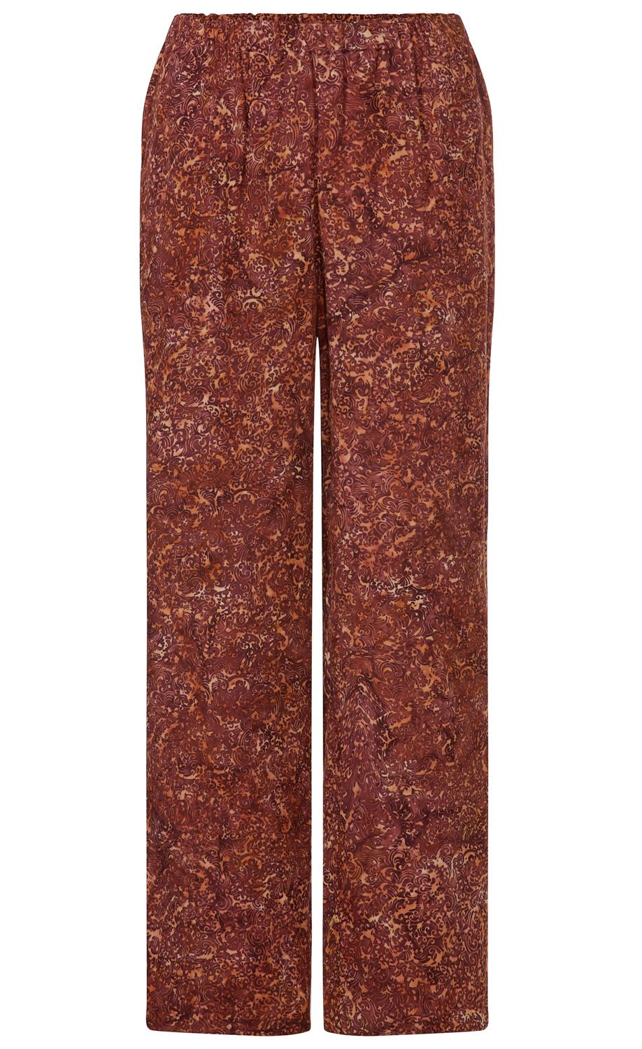 Viskose-Hose mit elastischem Bund, weiter Schnitt, braun mit beigem und dunklem abstraktem Muster, fließendes Material, locker sitzend