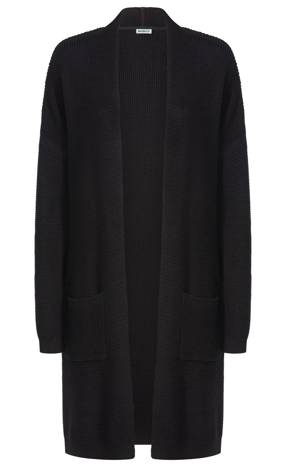 schwarzer langer Strickcardigan mit offener Vorderseite, langen Ärmeln, zwei aufgesetzten Taschen vorne und leicht geripptem Strukturmuster