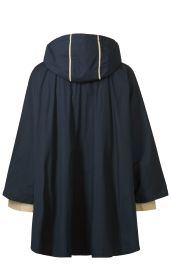 Dunkelblaue Baumwoll-Jacke mit Kapuze, Rückansicht, beige Kontraststreifen an der Kapuze und beige Ärmelbündchen, lockerer Schnitt, langärmlig, schlichtes Design