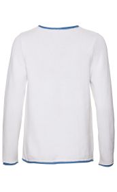 Weißer Baumwoll-Pullover mit langem Arm, Rundhalsausschnitt und blauen Kantenabschlüssen an Kragen, Ärmelbündchen und Saum, Rückansicht, einfache Strickstruktur