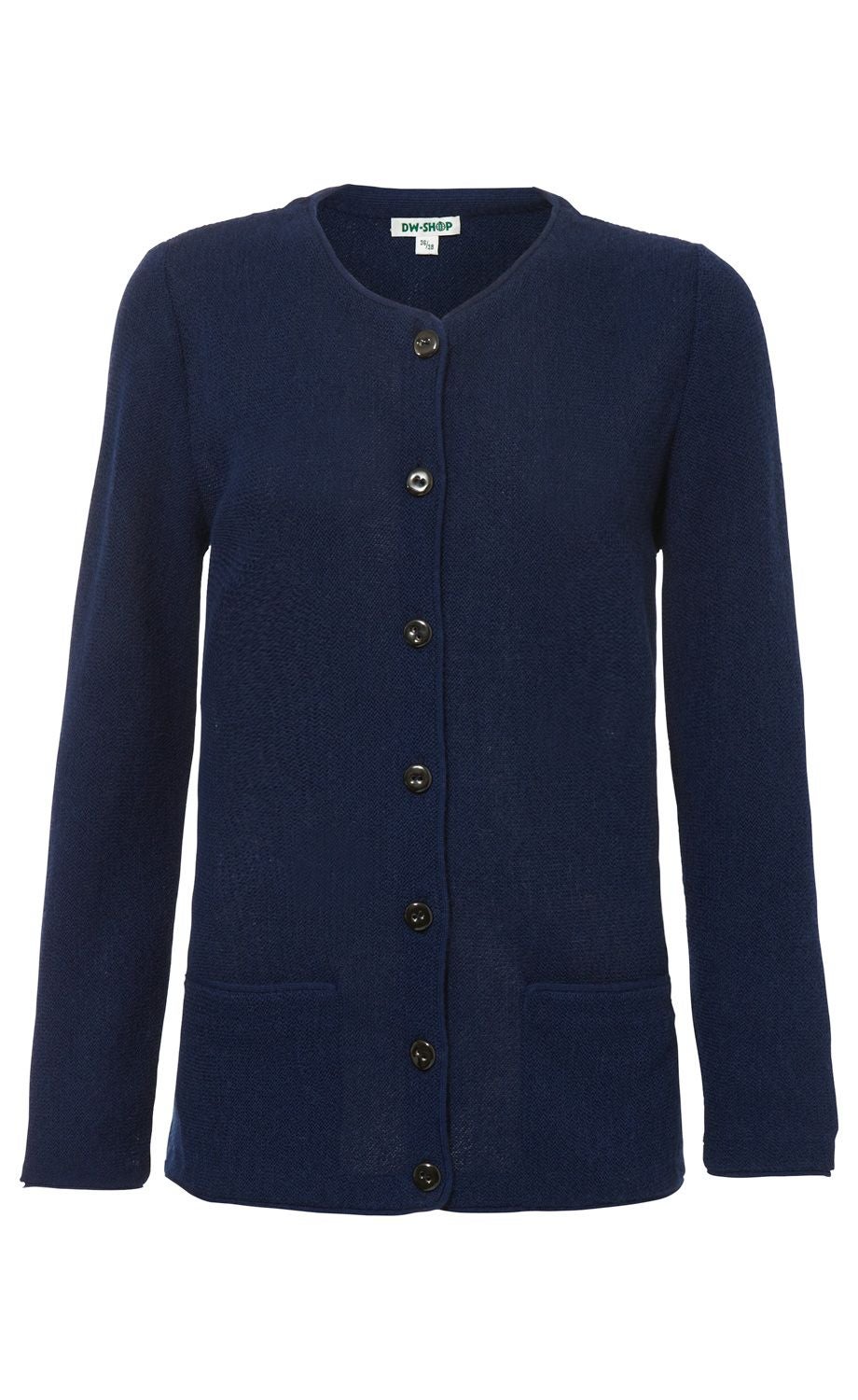 Dunkelblaue Alpaka-Strickjacke mit rundem Ausschnitt, durchgehender Knopfleiste und zwei Taschen vorne, langärmlig, schlichtes Design, feines Strickmuster, Größe 36/38