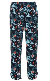 Dunkelblaue Baumwoll-Mix-Hose mit elastischem Bund und floralem Muster in Hellblau, Weiß und Orange, gerade geschnitten, locker sitzend