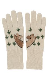 Beige gestrickte Handschuhe mit grünen Blättern und braunen Lama-Stickereien auf den Handrücken, offene Bündchen, fünf Finger, symmetrisches Paar, natürliche Wollstruktur