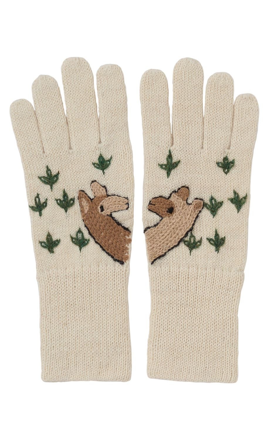 Beige gestrickte Handschuhe mit grünen Blättern und braunen Lama-Stickereien auf den Handrücken, offene Bündchen, fünf Finger, symmetrisches Paar, natürliche Wollstruktur
