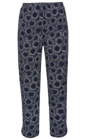 Dunkelblaue Baumwoll-Mix-Hose mit elastischem Bund und weißem Punktmuster in kreisförmiger Anordnung, gerade geschnitten, knöchellang