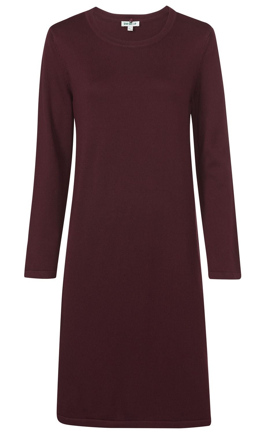 Baumwoll-Mix-Kleid in dunkelrot, langärmelig, rundhalsausschnitt, gerade geschnitten, knielang, schlichte und einfarbige Ausführung