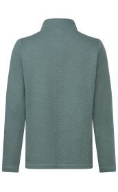 grünblauer Damenpullover mit langem Arm, Stehkragen und floralem Jacquard-Muster, Rückansicht, durchgehendes feines Reliefmuster auf dem Stoff, gerader Schnitt