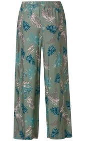 Viskose-Hose in grün mit elastischem Bund, weitem Bein und allover Muster aus blauen und beige Palmblättern