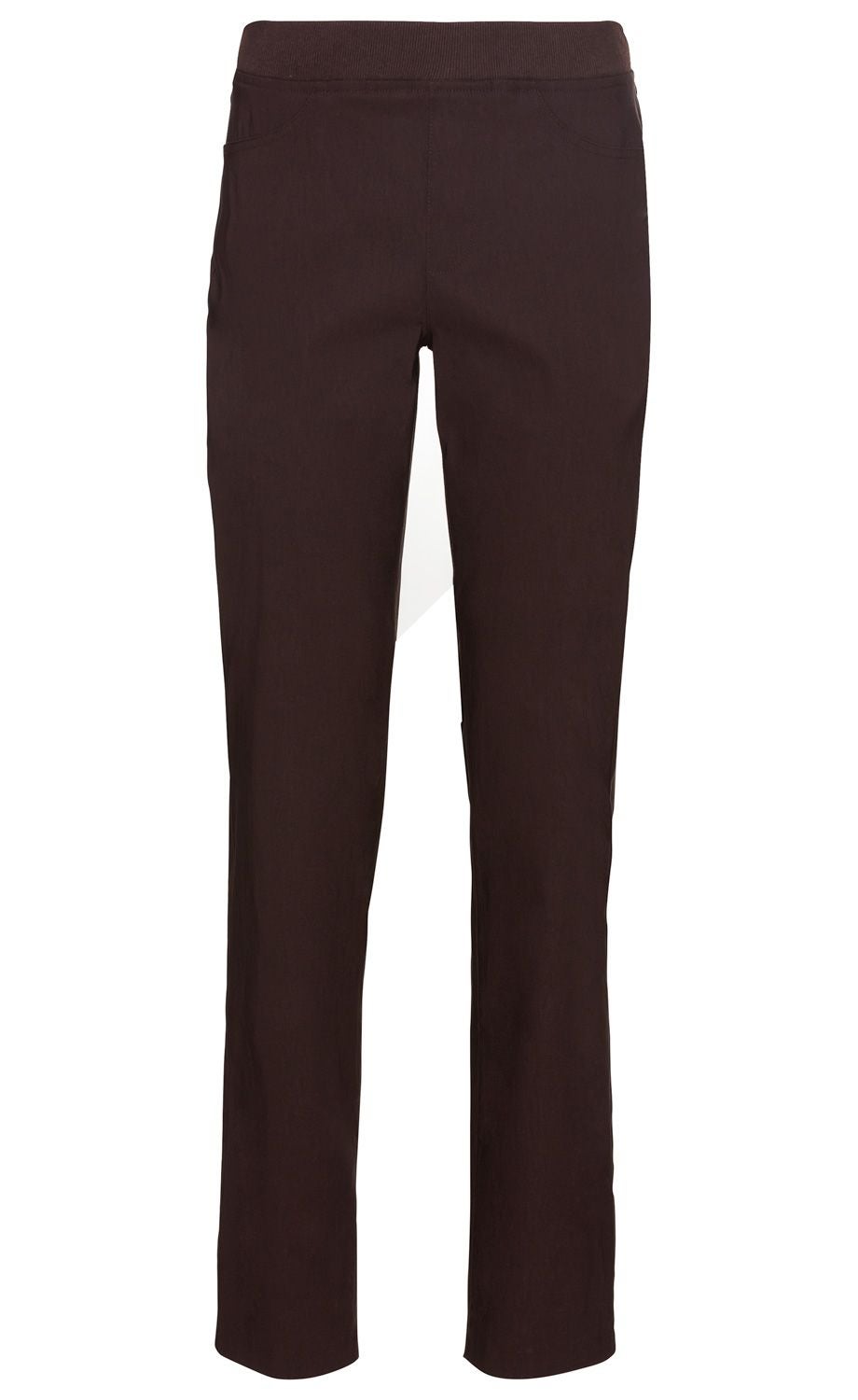 Dunkelbraune Viskose-Mix-Hose, gerade geschnitten, mit breitem Bund ohne Verschluss, zwei Seitentaschen, glatte Oberfläche, klassische Passform, einfache, elegante Damenhose.
