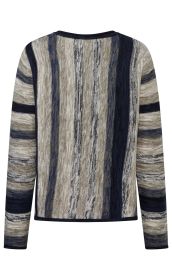 Rückseite eines langärmligen Strickpullovers in Beige und Dunkelblau mit vertikalen und horizontalen Streifenmustern, geripptem Rundhalsausschnitt und geradem Saum.