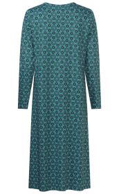 Langes, grün-blau gemustertes Kleid mit langen Ärmeln, Rundhalsausschnitt, Blumen- und Kreisdesign in Blau, Schwarz und Violett, gerade Passform, Rückseite sichtbar, schlicht und ohne zusätzliche Verzierungen