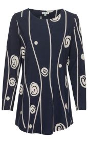 Dunkelblaues Baumwoll-Mix-Shirt mit langen Ärmeln, Rundhalsausschnitt, weißem abstraktem Spiralen- und Linienmuster, locker geschnitten