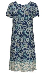 Viskose-Kleid, kurzärmlig, knielang, dunkelblauer Hintergrund mit floralem Muster in Türkis, Weiß und Beige, leichter Stoff, Rundhalsausschnitt, weißer Saum mit kleinem Blütenmuster, dekorativer Rückenreißverschluss
