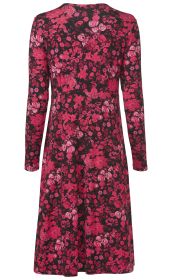Viskose-Mix-Kleid, Rückansicht, langärmlig, A-Linie, schwarzer Hintergrund mit dichtem floralen Muster in verschiedenen Rottönen und Pink, figurbetonter Schnitt mit leichter Taillierung