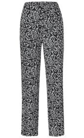 schwarze Viskose-Hose mit lässigem Schnitt, elastischem Bund, allover weißem abstraktem Ornamentmuster, gerader Beinverlauf