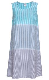 Ärmelloses Baumwoll-Kleid mit Rundhalsausschnitt, geradem Schnitt, in Blau- und Weißtönen mit feinen Streifenmuster, Größe 38, knielang, leicht A-förmig, sommerlich und luftig