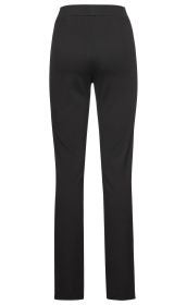 Schwarze Viskose-Mix-Hose, gerade geschnitten, ohne sichtbare Taschen, glatter Bund, Rückansicht, schmal zulaufende Beine, knöchellang, schlichtes Design