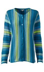 Baumwoll-Strickjacke mit Knopfleiste, langärmlig, in Blau- und Grüntönen mit vertikalen Streifen und strukturiertem Strickmuster, rundem Halsausschnitt, tailliert