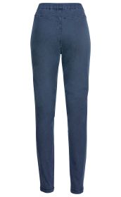 Dunkelblaue Baumwoll-Mix-Hose mit elastischem Bund und schmaler Passform, Rückansicht, ohne sichtbare Taschen, glattes Material