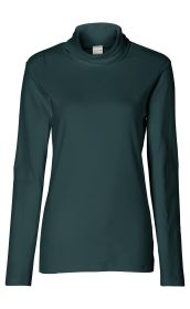 Dunkelgrünes Baumwoll-Shirt mit langem Arm und hohem Kragen, schmal geschnitten mit schlichtem Design, Vorderansicht auf weißem Hintergrund