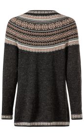 Dunkelgrauer Alpaka-Pullover mit Rundhalsausschnitt, langärmlig, mit mehrfarbigem Norweger-Muster in Beige, Weiß und Rost am oberen Brustbereich, Ärmelenden und Saum, Rückansicht
