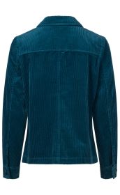 Dunkelblaue Cordjacke mit langen Ärmeln, durchgehender Rippenstruktur, Kragen und Knopfmanschetten, Rückansicht auf weißem Hintergrund
