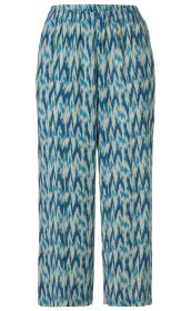 Viskose-Hose mit lockerem Schnitt, elastischem Bund, aus leichtem Stoff, gemustert in verschiedenen Blautönen und Weiß, abstraktes, unregelmäßiges Design, gerade geschnitten.