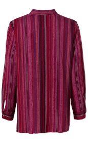 Baumwoll-Bluse mit langen Ärmeln, vertikal gestreift in Rot-, Pink- und Violetttönen, feine Zickzack-Muster in den Streifen, Rückenansicht, Hemdkragen, Knopfleiste an den Manschetten
