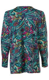 Baumwoll-Shirt mit langem Arm, bunte Paisley-Muster in Türkis, Magenta, Gelb und Schwarz, Rückansicht, locker sitzend