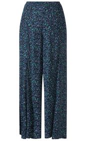 Viskose-Hosenrock mit navyblauem Grund, abstraktem Muster in Hellblau, Grün und Grau, weit geschnitten, elastischer Bund, lockerer fallender Stoff