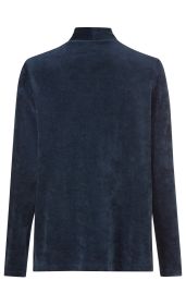 Rückansicht einer dunkelblauen Viskose-Mix-Jacke mit langem Arm und Stehkragen, schlicht ohne Muster oder Verzierungen, in normaler Passform.