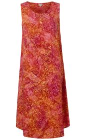 Ärmelloses Viskose-Kleid in A-Linie, rot mit gelb und rosa Spiralmuster, rundem Ausschnitt, knielang, leichte Stoffstruktur