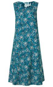 blaues ärmelloses Viskose-Kleid mit weißem und dunkelblauem Blumenmuster, V-Ausschnitt, knielang, leichter A-Linie