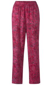 Rote Viskose-Hose mit elastischem Bund, geradem Schnitt und dunkelgrünem floralen Muster, leichte glatte Stoffstruktur, Damenhose