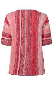 Baumwoll-Pullover in Rot- und Rosatönen mit kurzen Ärmeln, strukturierter Strickoptik und vertikalen Streifenmustern, Rückansicht