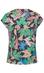 Baumwoll-Shirt Rückansicht mit kurzem Arm, schwarzer Grundfarbe und farbenfrohem tropischem Blattmuster in Grün, Blau, Rosa und Rot