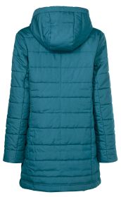 Baumwoll-Jacke in Petrol, gesteppte lange Jacke mit Kapuze, Rückenansicht, lange Ärmel, mittellang, schmal geschnitten, glatte Oberfläche