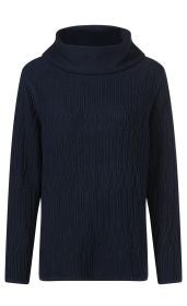 dunkelblauer Baumwoll-Mix-Pullover mit langem Arm, Strukturstrickmuster und weitem, umgeschlagenem Rollkragen, gerade geschnitten