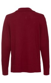 Rückansicht eines langärmeligen Baumwoll-Mix-Pullovers in dunklem Rot mit einfachem Design und geripptem Kragen, Bund und Ärmelsäumen