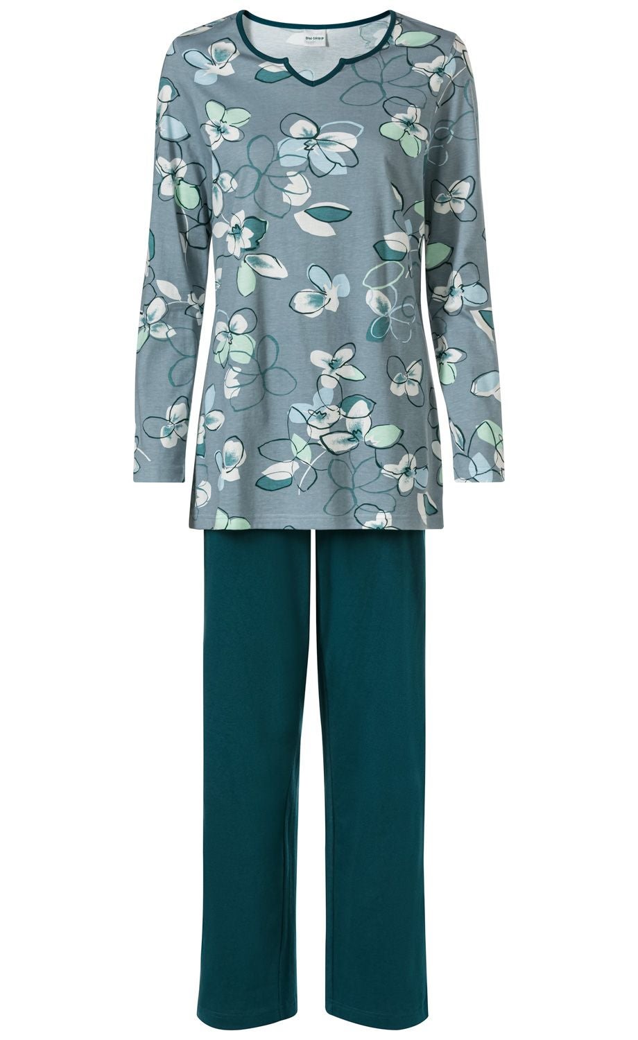 Baumwoll-Pyjama Set bestehend aus langärmligem Oberteil mit floralem Muster in Blau- und Grüntönen und einfarbigen, dunkelgrünen langen Hosen, bequem und locker geschnitten.