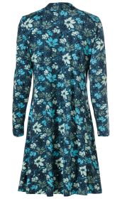 Baumwoll-Mix-Kleid in dunkelblau mit langem Arm, A-Linien-Schnitt und floralem Muster in hellblau, mintgrün und schwarz, Rückansicht