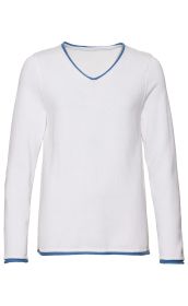 weißes Baumwoll-Pullover mit V-Ausschnitt, langen Ärmeln und blauer Kantenverzierung am Hals, Saum und Ärmelabschluss, klassische Passform