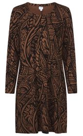 Braunes Viskose-Mix-Kleid mit langem Arm und kurzem Schnitt, bedeckt mit abstraktem schwarzem Muster aus Linien und Formen, rundem Ausschnitt, locker geschnitten, ohne sichtbare Knöpfe oder Reißverschluss.