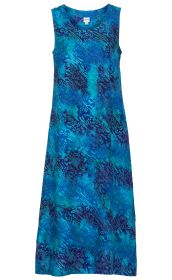Ärmelloses Viskose-Kleid in Blau- und Türkistönen mit floral- und pflanzenähnlichem Muster, ärmellos, Rundhalsausschnitt, knielang, gerader Schnitt