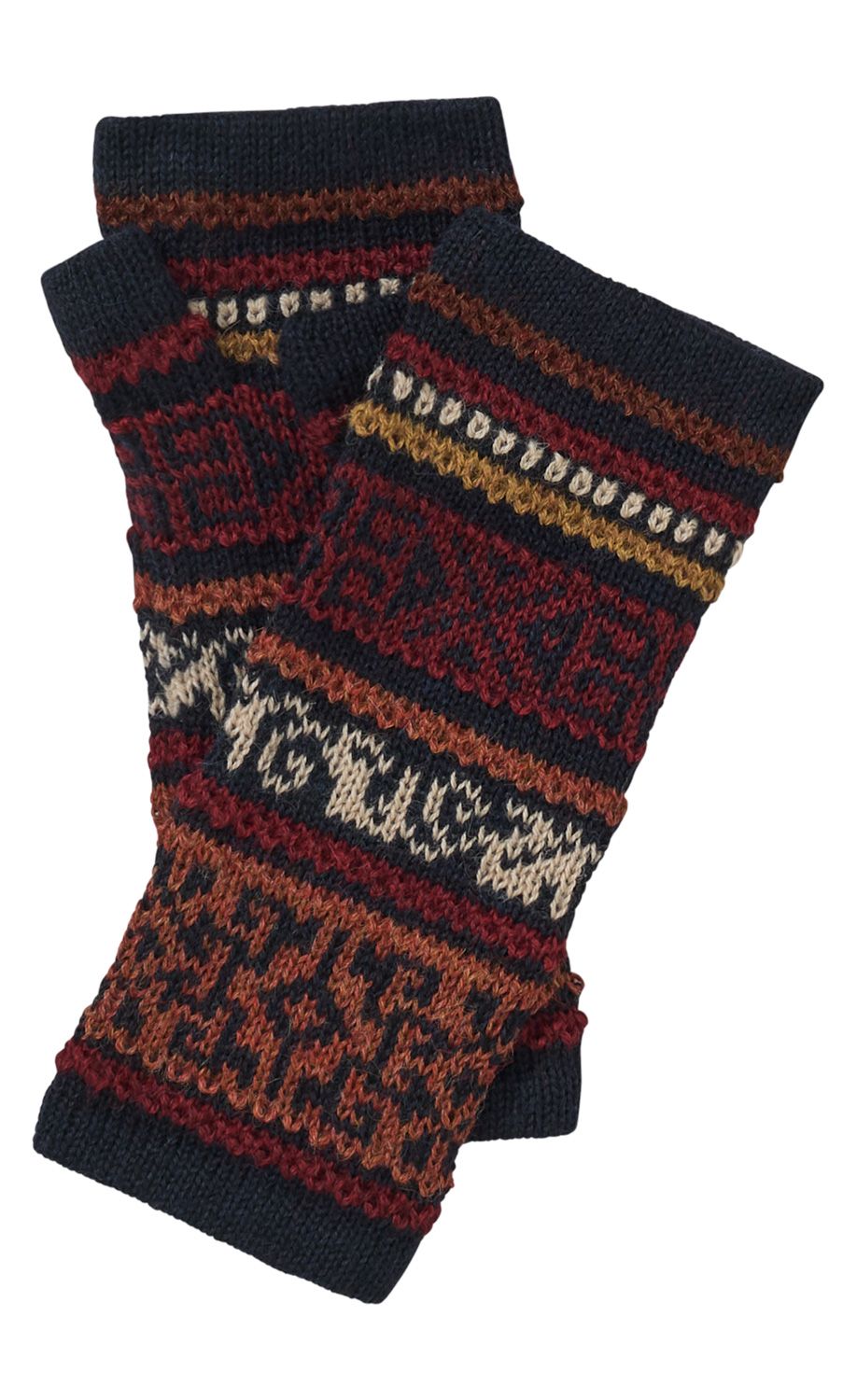 paar handgestrickte Pulswärmer aus Wolle mit mehrfarbigem norwegischen Muster in Dunkelblau, Rot, Braun, Senfgelb und Beige, rechteckig, offen an den Fingern, warm und weich