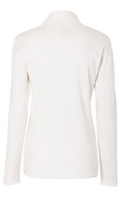 weißes langärmeliges Baumwoll-Shirt mit hohem Kragen, Rückansicht, schlichtes Design, glatter Stoff, taillierte Passform